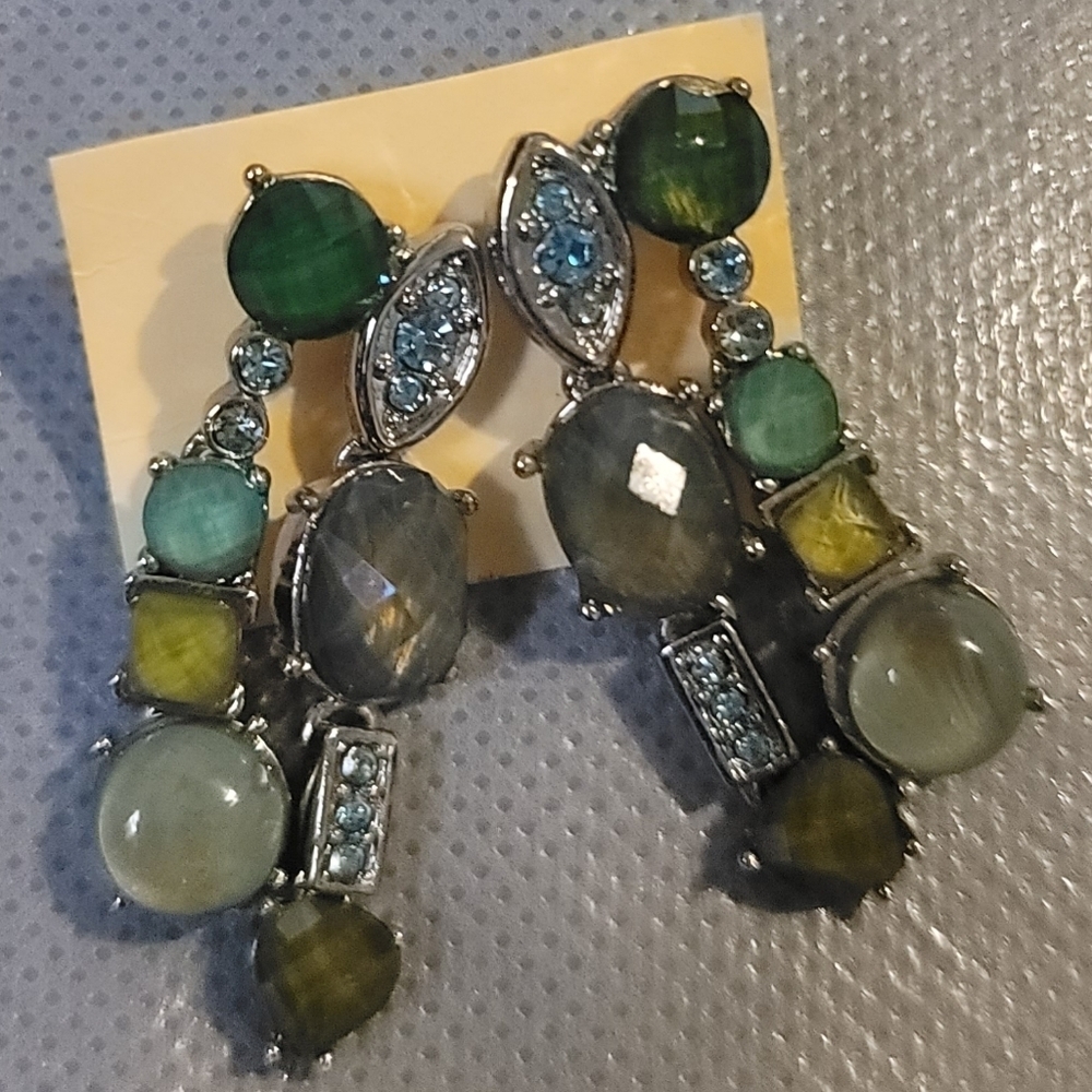 Drop earrings blue green pearl silver tone